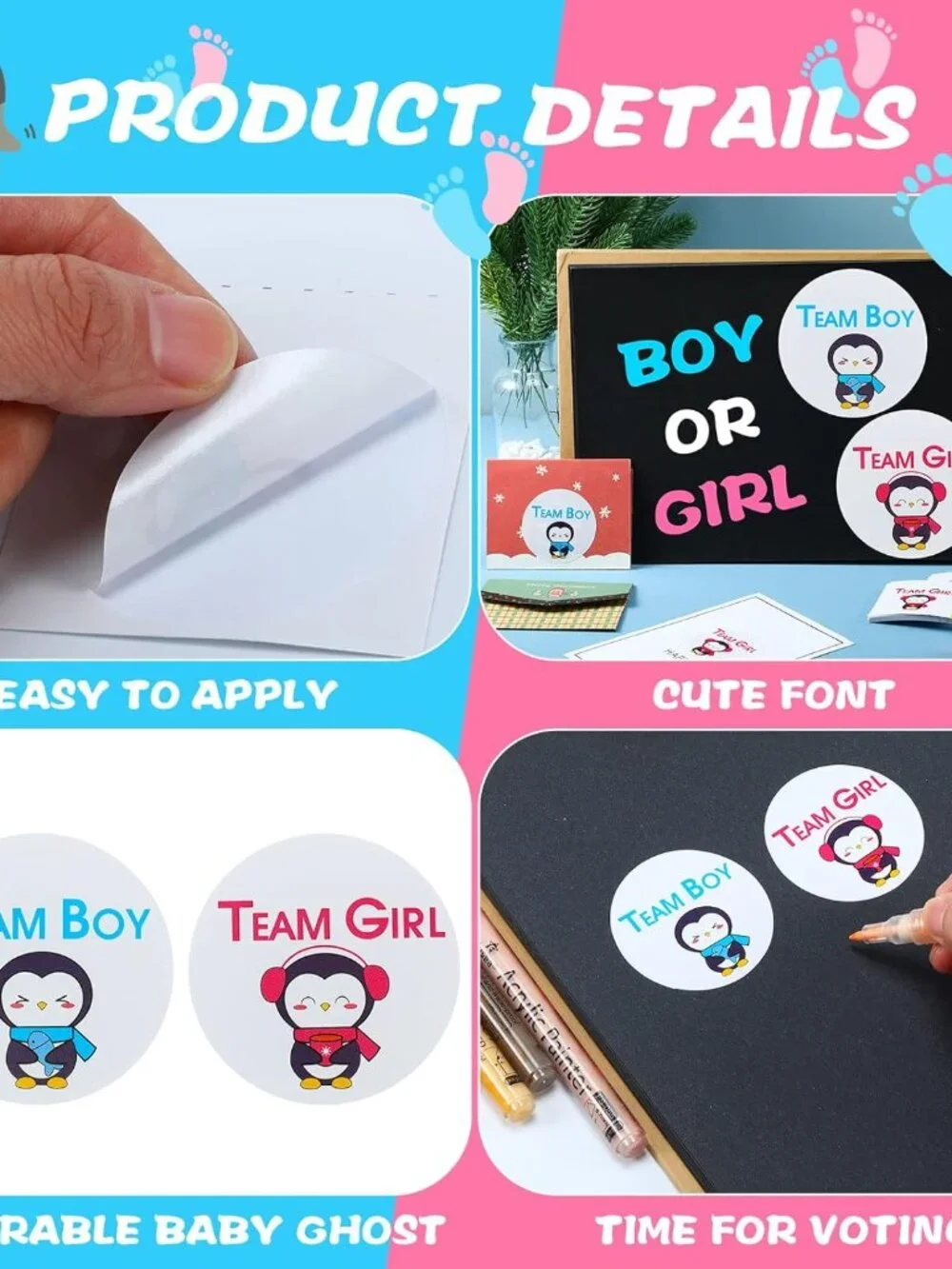 60 Pieces Gender Reveal Penguin Stickers Team Boy or Team Girl
